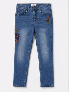 Royalty For Me Blue Straight-Leg Jeans with Floral Embroidery Mid-Rise Size 8